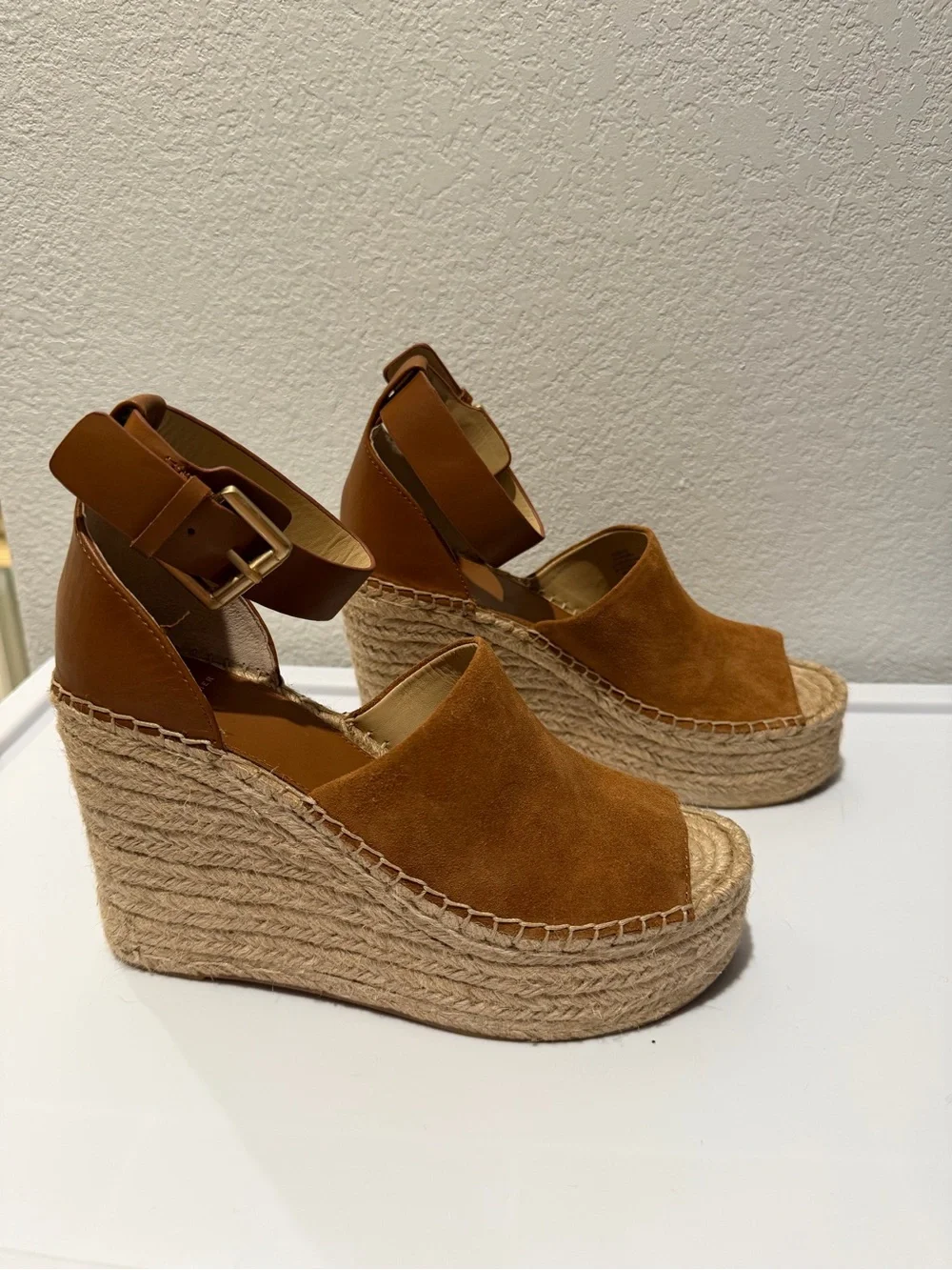 Marc Fisher Tan Suede Espadrille Wedge Adalyn Sandals with Ankle Strap